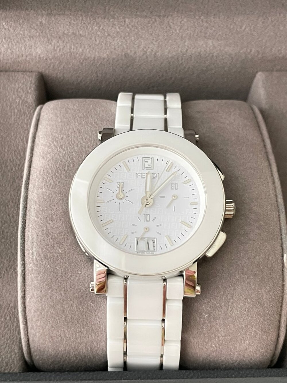 Fendi White Ceramic Chronograph Swiss Made Watch F662140 38mm